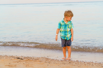 Fototapeta na wymiar Little boy walks barefoot in shallow sea water. Tries not to wet his shorts. Evening light.