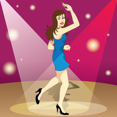Beautiful brunette happy girl dancing happily the night in the ballad. Ideal for promotional and institutional materials