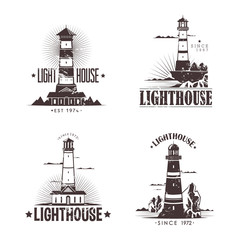 Set of sketches of lighthouses on rocks