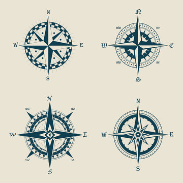 Old or retro compass or vintage wind roses