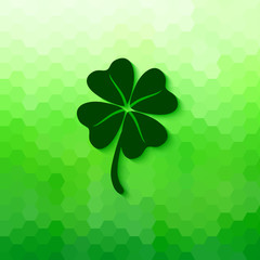 Four leaves lucky clover with soft shadow. Vector lucky symbol isolated on bright green honeycomb background.
