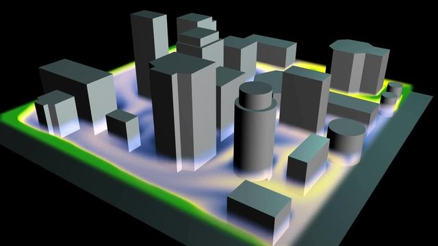 3d city demonstrating flow of air, water around buildings. 3d animation simulation