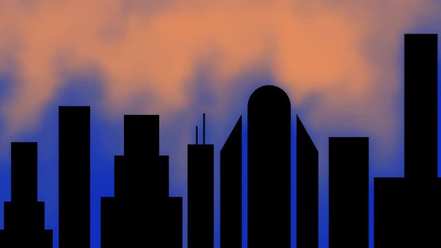 Silhouette of black city , buildings, sky scrapers with clouds, atmosphere moving across skyline, colliding with buildings. 3d animation simulation
