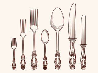 Hand drawn cutlery sketch vector illustration. Vintage kitchen objects design