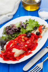 cod fish with red grilled pepper and salad