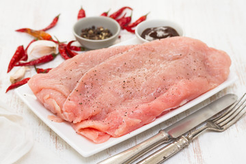 raw turkey with sauce on white dish