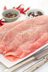 raw turkey with sauce on white dish