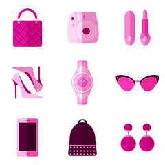 Set of simple pink fashion flat objects on  white background