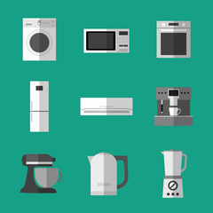 Set of simple monochrome appliances flat icons on green backgrou