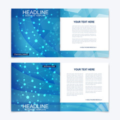 Templates for square brochure. Leaflet cover presentation. Business, science, technology design book layout. Scientific molecule background