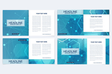 Templates for square brochure. Leaflet cover presentation. Business, science, technology design book layout. Scientific molecule background