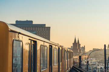 Commuter train on tracks in European city