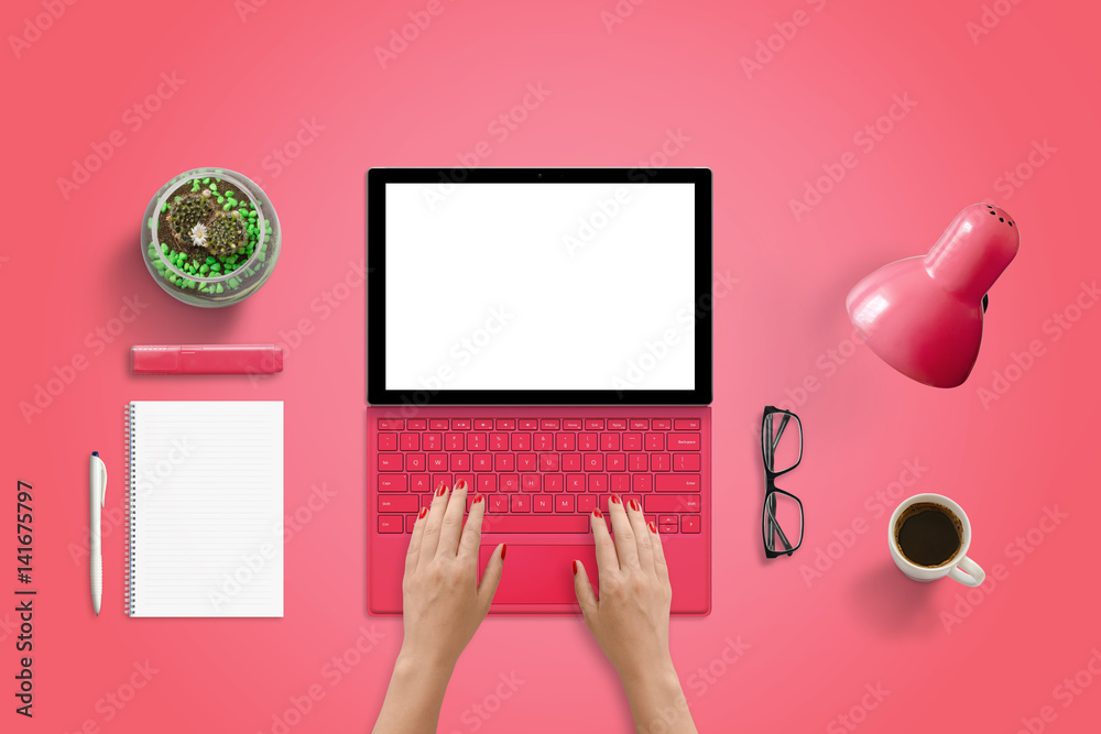 Leinwandbilder red tablet with keyboard on red desk. isolated screen for web site or app presentation. top view sce