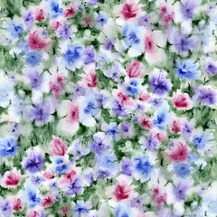 Watercolor painting. Spring floral background with pink - purple flowers.