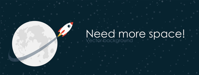 Rocket flying around the moon on starry sky. Vector illustartion with copy space