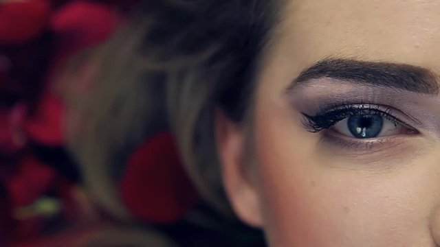 Video footage shot closeup of girl's eye with beautiful makeup.Girl opens and closes her eye.Slow motion.Professional lighting on face girl in studio.In frame half face,beautiful hairstyle,rose petals