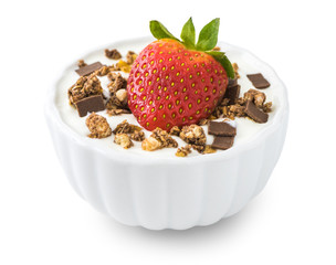 Bowl of Yogurt with Strawberry and Muesli Isolated on White Background