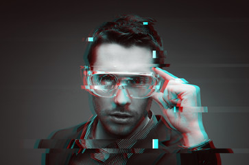 man in virtual reality or 3d glasses with glitch - obrazy, fototapety, plakaty