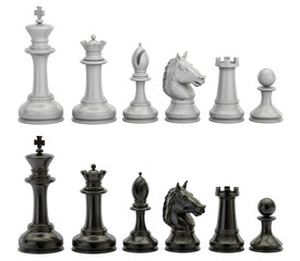 Black and white chess figures in row, 3D rendering