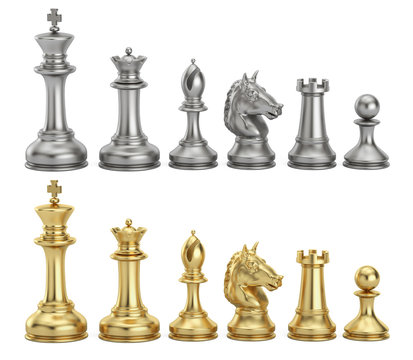 Gold and silver chess figures in row, 3D rendering