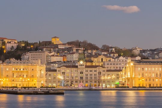 Piazza Unit&agrave; d'Italia square and Molo Audace, view from the sea of Trieste, Italy
