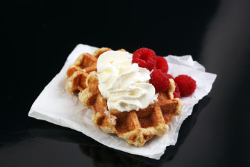 Belgian waffles with raspberries