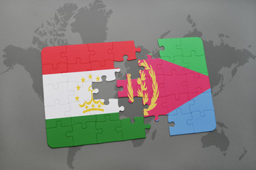 puzzle with the national flag of tajikistan and eritrea on a world map