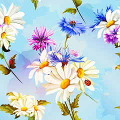 Seamless pattern of camomile (chamomile), cornflowers with ladybird on blue. Vector - stock.