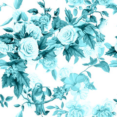 Humming bird, roses, peony with leaves on white. Watercolor. Seamless background pattern. Vector - stock.