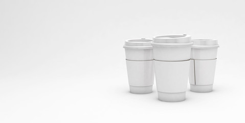 White cardboard coffee cups on light background with a copy space for text, 3d illustration.
