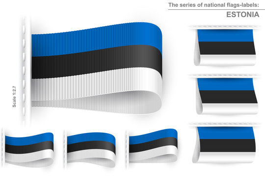 National state flag of Estonia; Sewn clothing label tag from flag of Republic of Estonia; Symbol of the estonian national patriotic pride and political power; Vector set icon Eps10