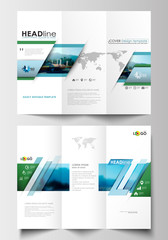 Tri-fold brochure business templates on both sides. Flat design blue color travel decoration layout, easy editable vector template, colorful blurred natural landscape.