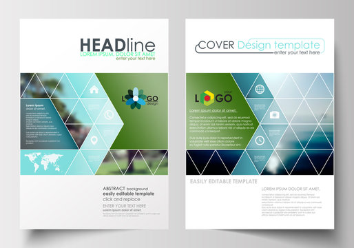 Business templates for brochure, magazine, flyer, booklet. Cover design, abstract flat style travel decoration layout in A4 size, easy editable vector template, colorful blurred natural landscape.