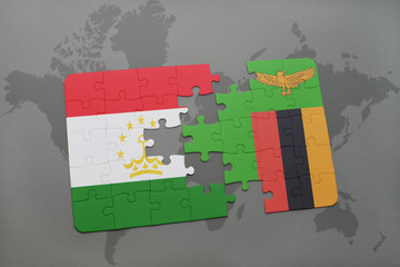 puzzle with the national flag of tajikistan and zambia on a world map