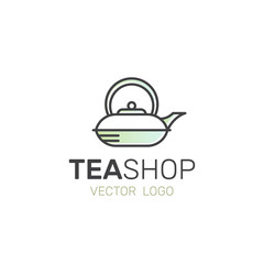 Vector Flat Icon Style Illustration Logo for Organic Green tea Shop for Healthy Lifestyle. Cup of Organic Green Tea and Fresh Green Leafs