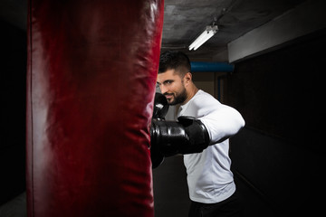 Handsome young boxer is exercising with boxing gloves and punching bag at the gym