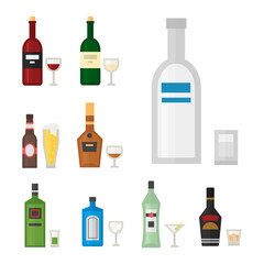 Alcohol drinks beverages cocktail whiskey drink bottle lager refreshment container and menu drunk concept different bottle and glasses vector illustration.