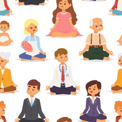 Lotus position yoga pose meditation art relax people relax isolated on white seamless pattern background design character vector illustration.