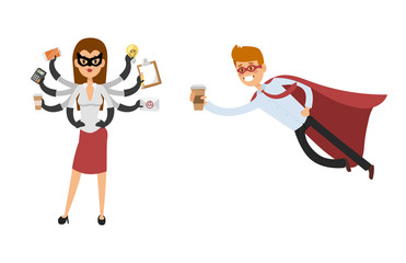 Superhero business man woman vector illustration set character success cartoon power concept businessman strong person silhouette leader team isolated