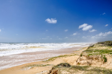 Stunning view of 75 Mile Beach on Fraser Island, Queensland, Australia, located in the Great Sandy National Park. Rough ocean on a sunny day.