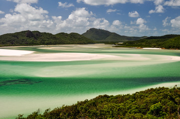 Whitehaven Beach on Whitsunday Island, Great Barrier Reef, Queensland, Australia. Popular tourist destination is known for its pure white sands. Accessible from Airlie Beach near Hamiltion Island.