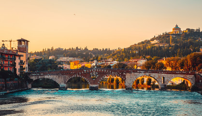 Teatro Romano and Ponte Pietra bridge on Adige river in Verona, Veneto region, Italy.