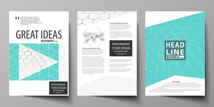 Business templates for brochure, flyer, booklet, report. Cover design template, abstract vector layout in A4 size. Chemistry pattern, hexagonal molecule structure on blue. Medicine, technology concept