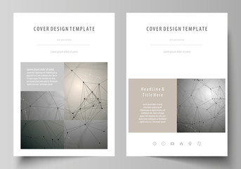 Business templates for brochure, magazine, flyer, booklet. Cover design template, flat layout in A4 size. Chemistry pattern, molecule structure on gray background. Science and technology concept.