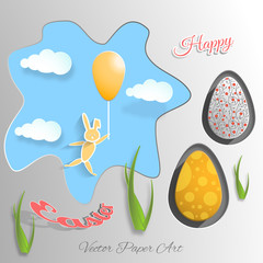 Vector paper art carve of Easter eggs different patterns cut from paper, blue sky, clouds, bunny flying on a balloon, green grass, red outline text placed on the gradient gray background.