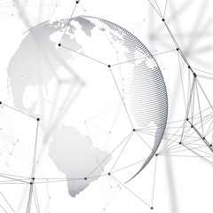 Abstract futuristic network shapes. High tech background, connecting lines and dots, polygonal linear texture. World globe on white. Global network connections, geometric design, dig data concept.