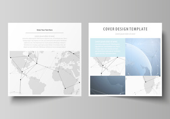 The minimalistic vector illustration of the editable layout of two square format covers design templates for brochure, flyer, booklet. World globe on blue. Global network connections, lines and dots.