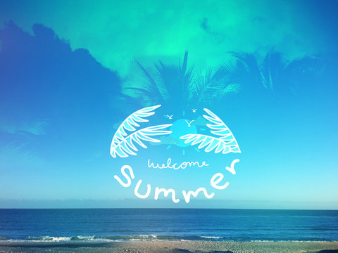 Welcome summer on Beach and palm tree background with copy space 