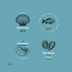 Vintage seafood logo collection. Engraved logo set. Vector illustration