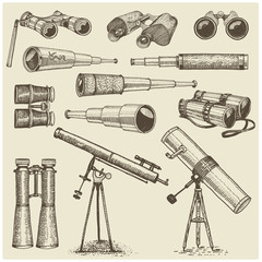 set of astronomical instruments, telescopes oculars and binoculars, quadrant, sextant engraved in vintage hand drawn or wood cut style , old sketch glasses